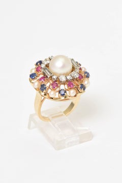 1950s Pearl, Diamond, Sapphire and Ruby Yellow Gold Starburst Cocktail Ring