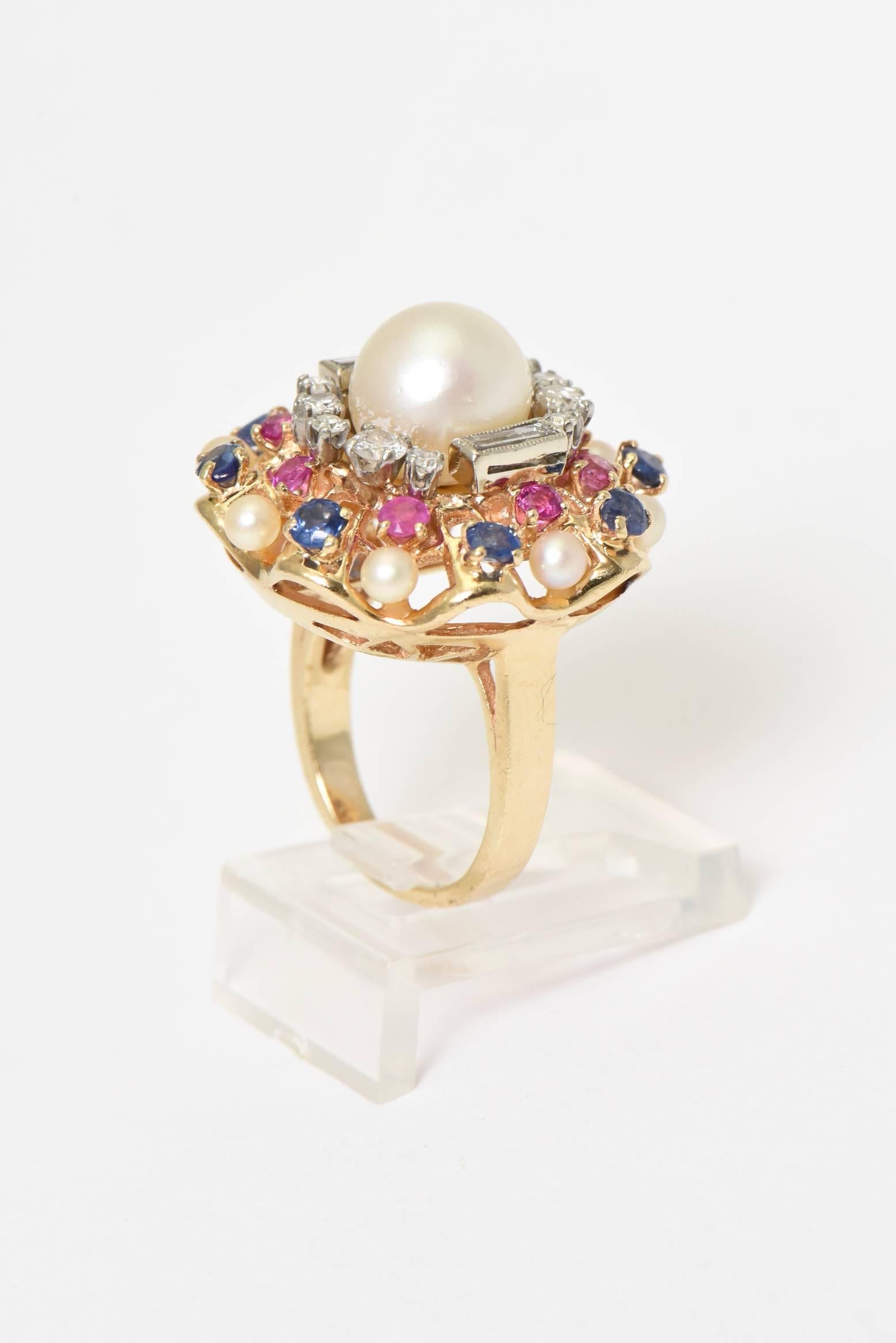 Round Cut 1950s Pearl, Diamond, Sapphire and Ruby Yellow Gold Starburst Cocktail Ring