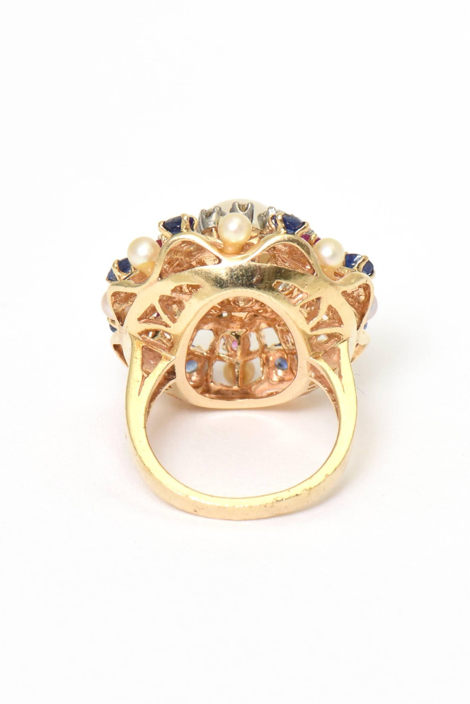 1950s Pearl, Diamond, Sapphire and Ruby Yellow Gold Starburst Cocktail Ring In Excellent Condition In Miami Beach, FL
