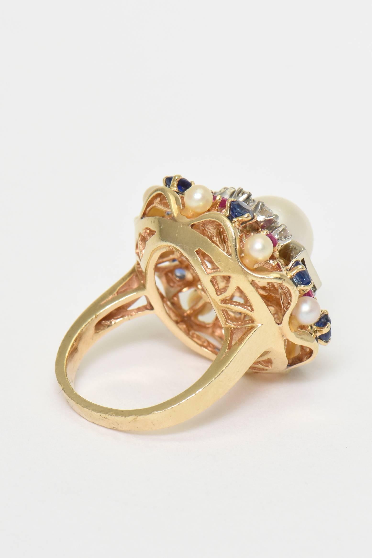 1950s Pearl, Diamond, Sapphire and Ruby Yellow Gold Starburst Cocktail Ring 1