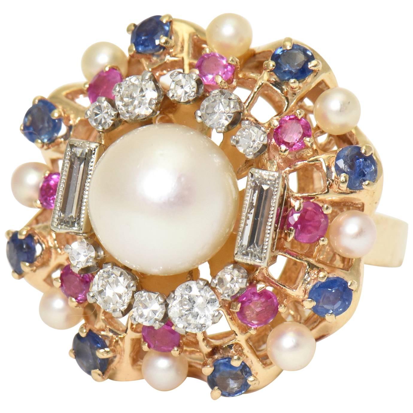 1950s Pearl, Diamond, Sapphire and Ruby Yellow Gold Starburst Cocktail Ring
