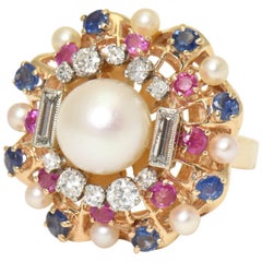 Retro 1950s Pearl, Diamond, Sapphire and Ruby Yellow Gold Starburst Cocktail Ring