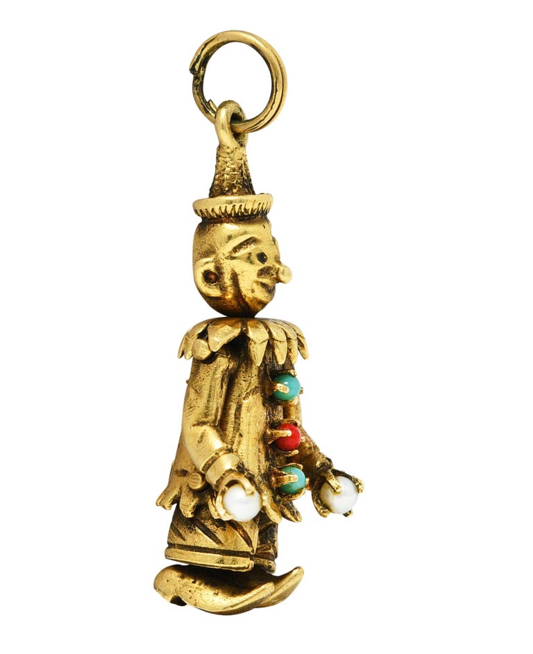 Retro 1950's, Pearl Glass 14 Karat Yellow Gold Vintage Juggling Clown Charm For Sale