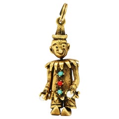 Breloque clown gigogne vintage en or jaune 14 carats et perles, années 1950