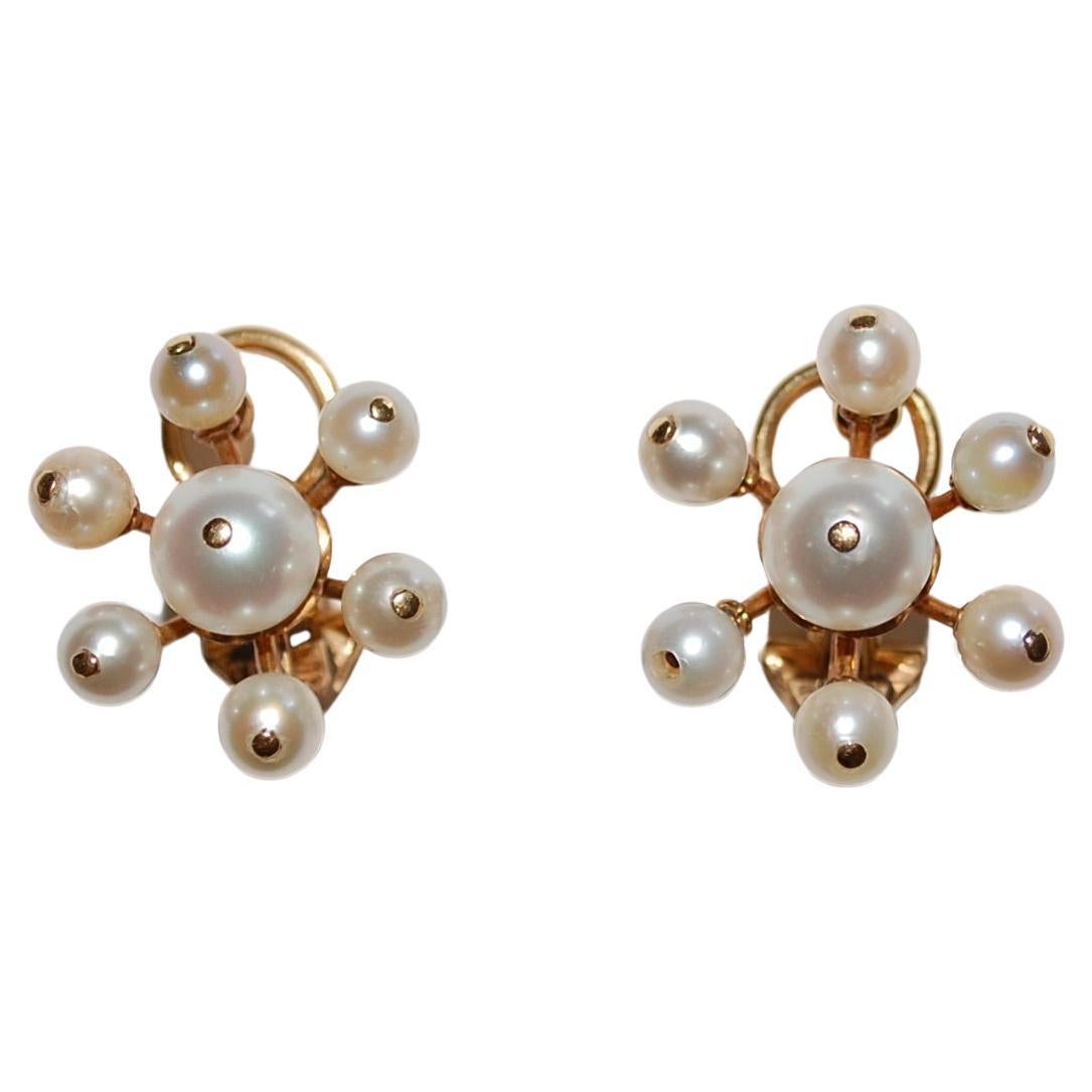 1950s Pearl 14K Gold Clip on Earrings For Sale
