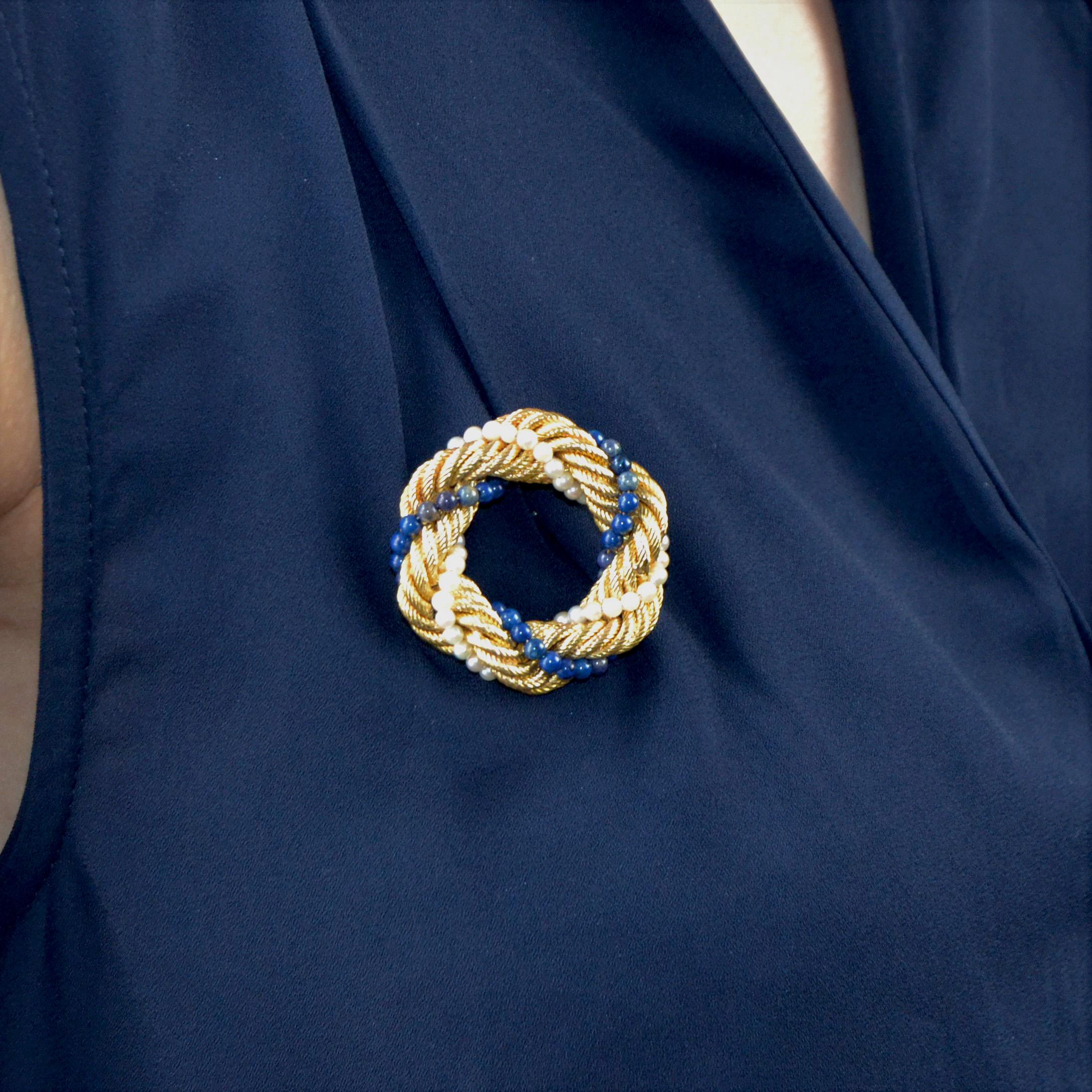 1950s Pearl Lapis Lazuli Twisted Gold Brooch 1