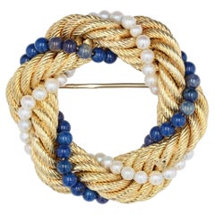 1950s Pearl Lapis Lazuli Twisted Gold Brooch