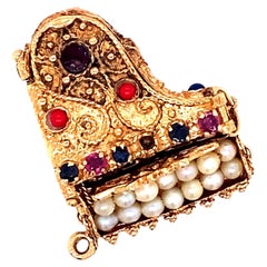 1950s Pearl, Ruby and Sapphire Articulated Piano Pendant in 14 Karat Gold