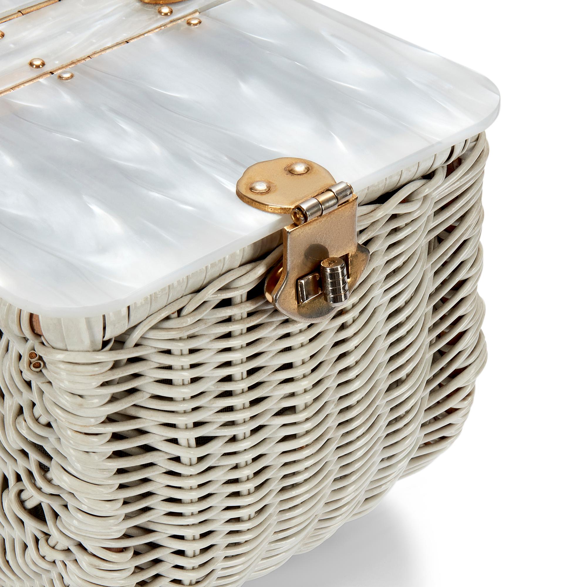 Women's 1950s Pearlescent Lucite and White Woven Straw Basket Bag