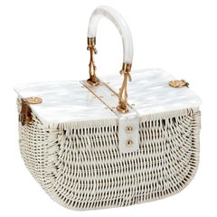 Vintage 1950s Pearlescent Lucite and White Woven Straw Basket Bag