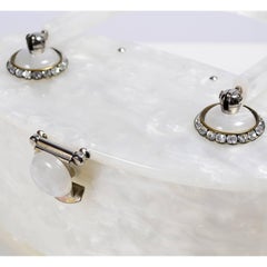 1950s Pearlized Ivory Marbleized White Oval Lucite Handbag w Rhinestone Accents