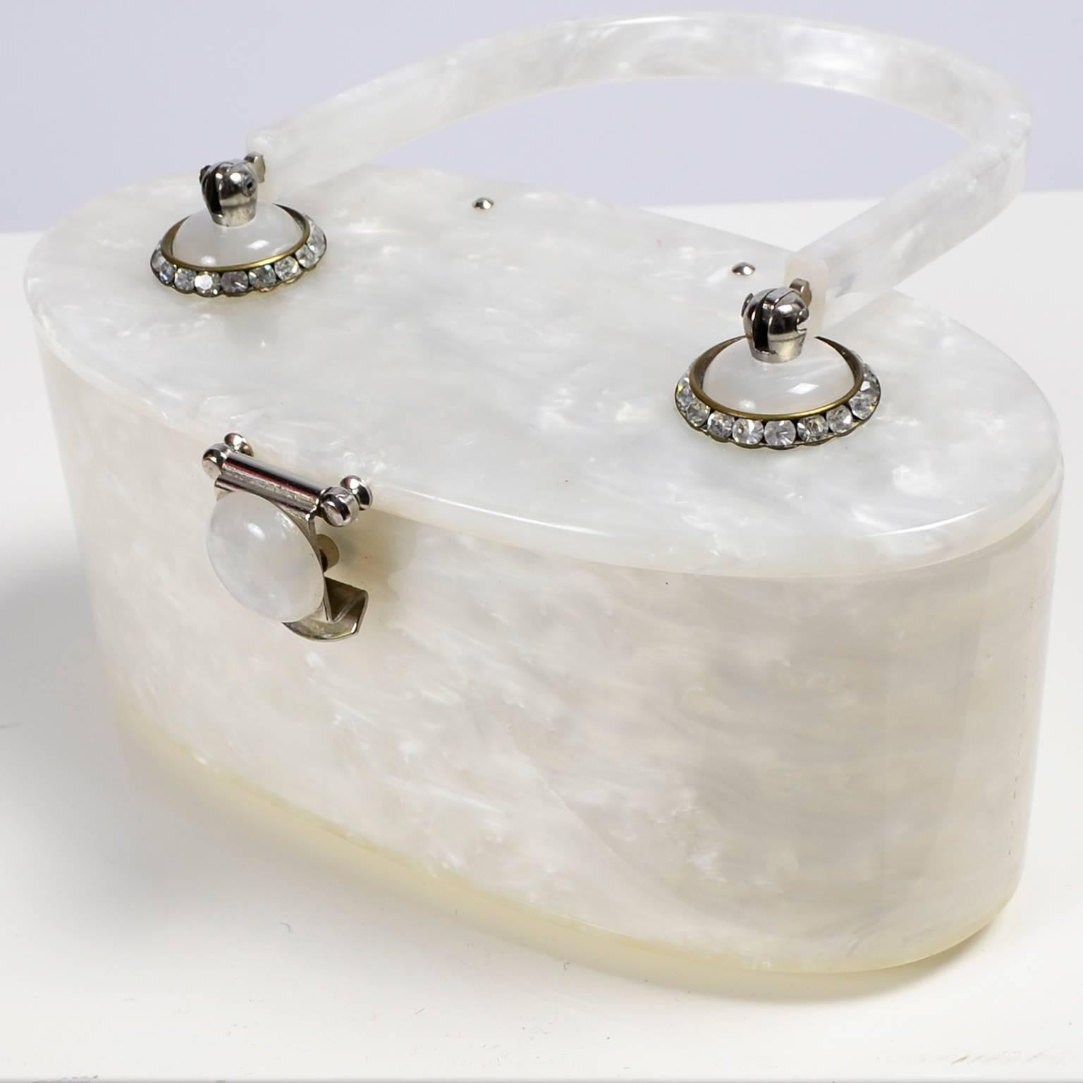 Women's 1950s Pearlized Ivory Marbleized White Oval Lucite Handbag w Rhinestone Accents