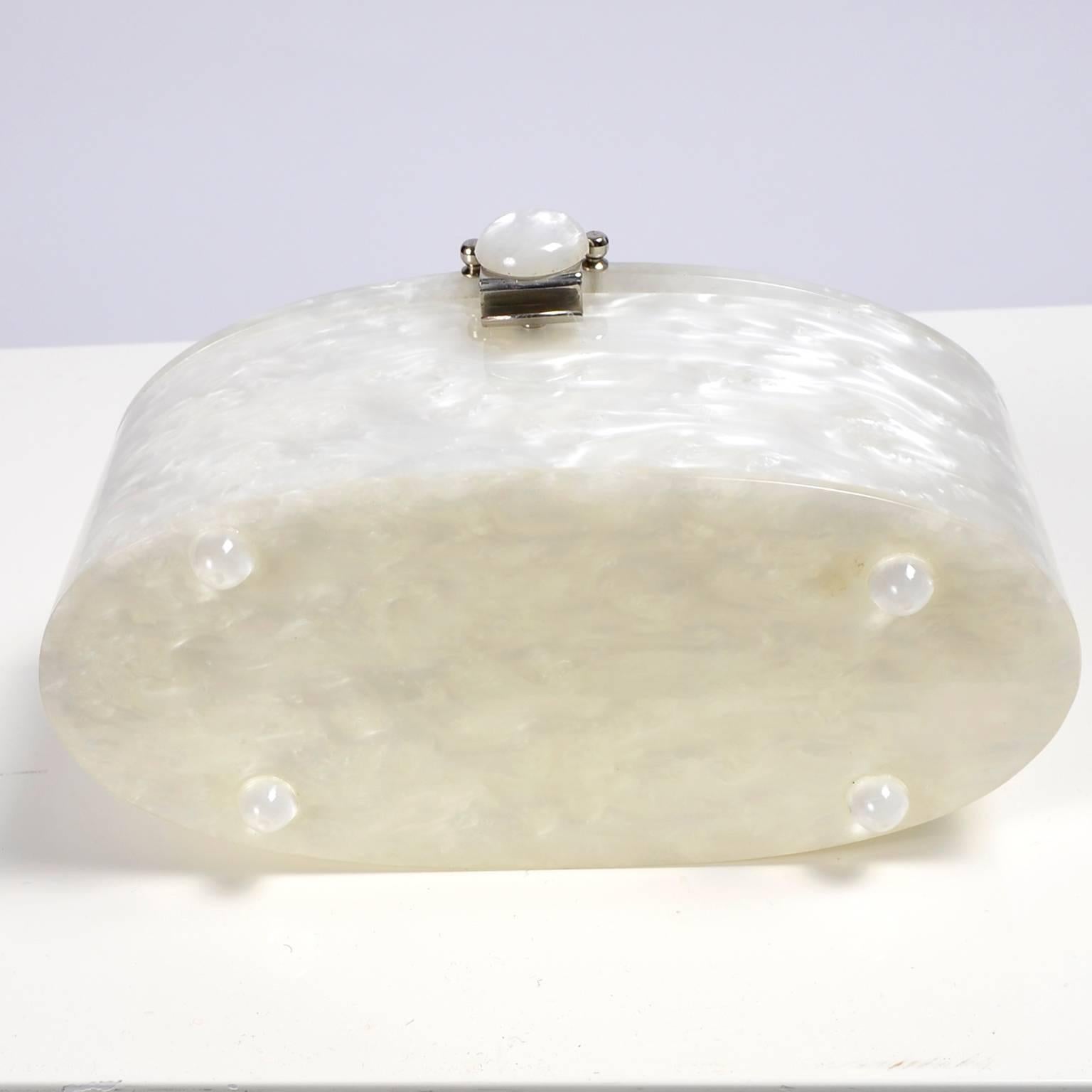 1950s Pearlized Ivory Marbleized White Oval Lucite Handbag w Rhinestone Accents 4