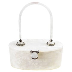 Vintage 1950s Pearlized Ivory Marbleized White Oval Lucite Handbag w Rhinestone Accents