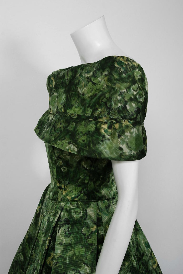 peggy green dress 1950's Peggy Hunt Green Watercolor Floral Silk Portrait-Collar Pleated main image 1