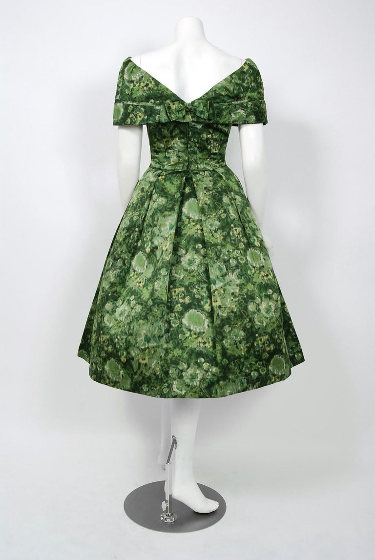 1950's Peggy Hunt Green Floral Silk Portrait-Collar Pleated Full New Look Dress at 1stDibs | 1950s green dress, 1950's green, vintage green dress 1950's Peggy Hunt Green Floral Silk Portrait-Collar Pleated Full New Look Dress at 1stDibs | 1950s green dress, 1950's green, vintage green dress
