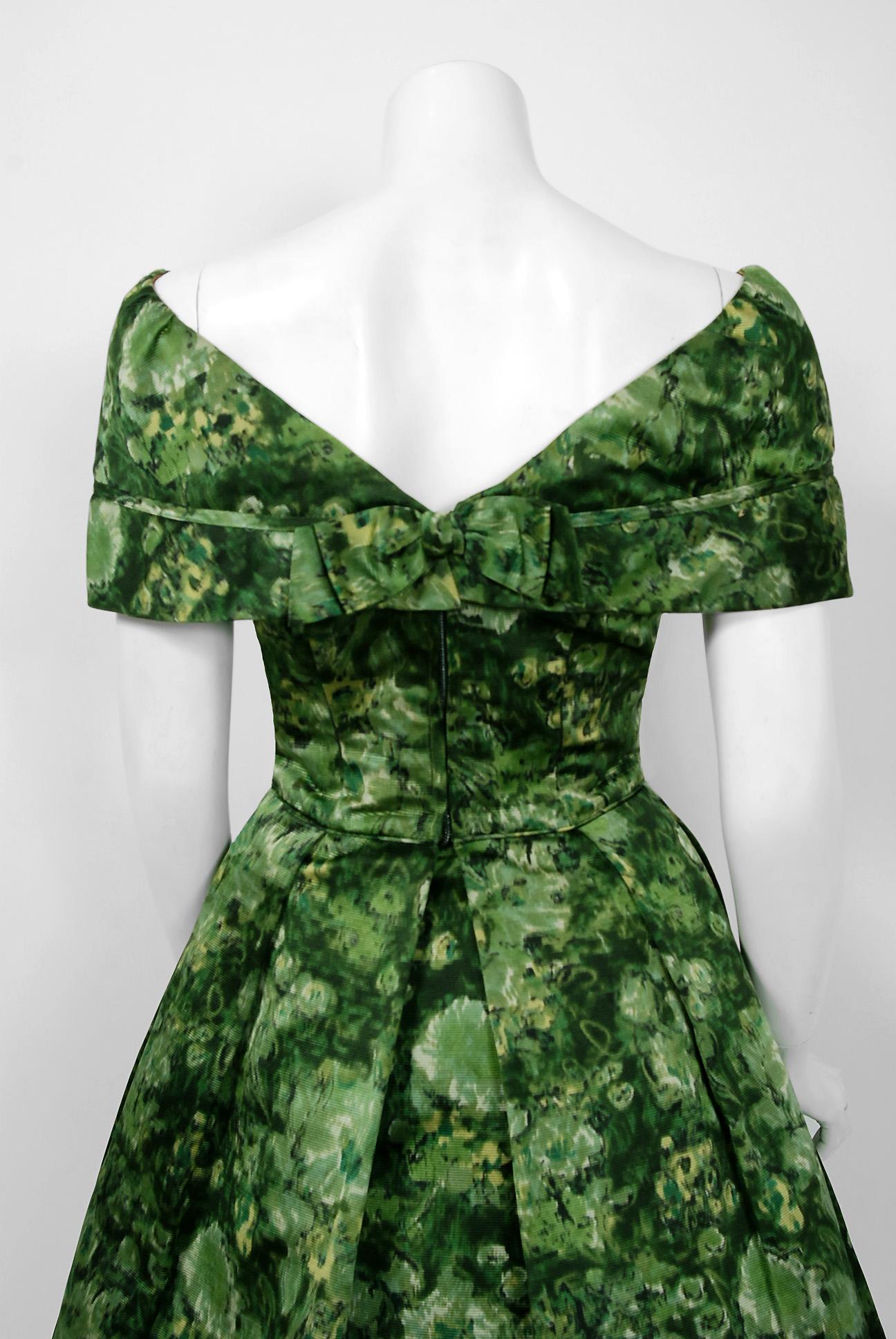 Women's Vintage 1950's Peggy Hunt Green Floral Silk Portrait-Collar Pleated Full Dress  For Sale