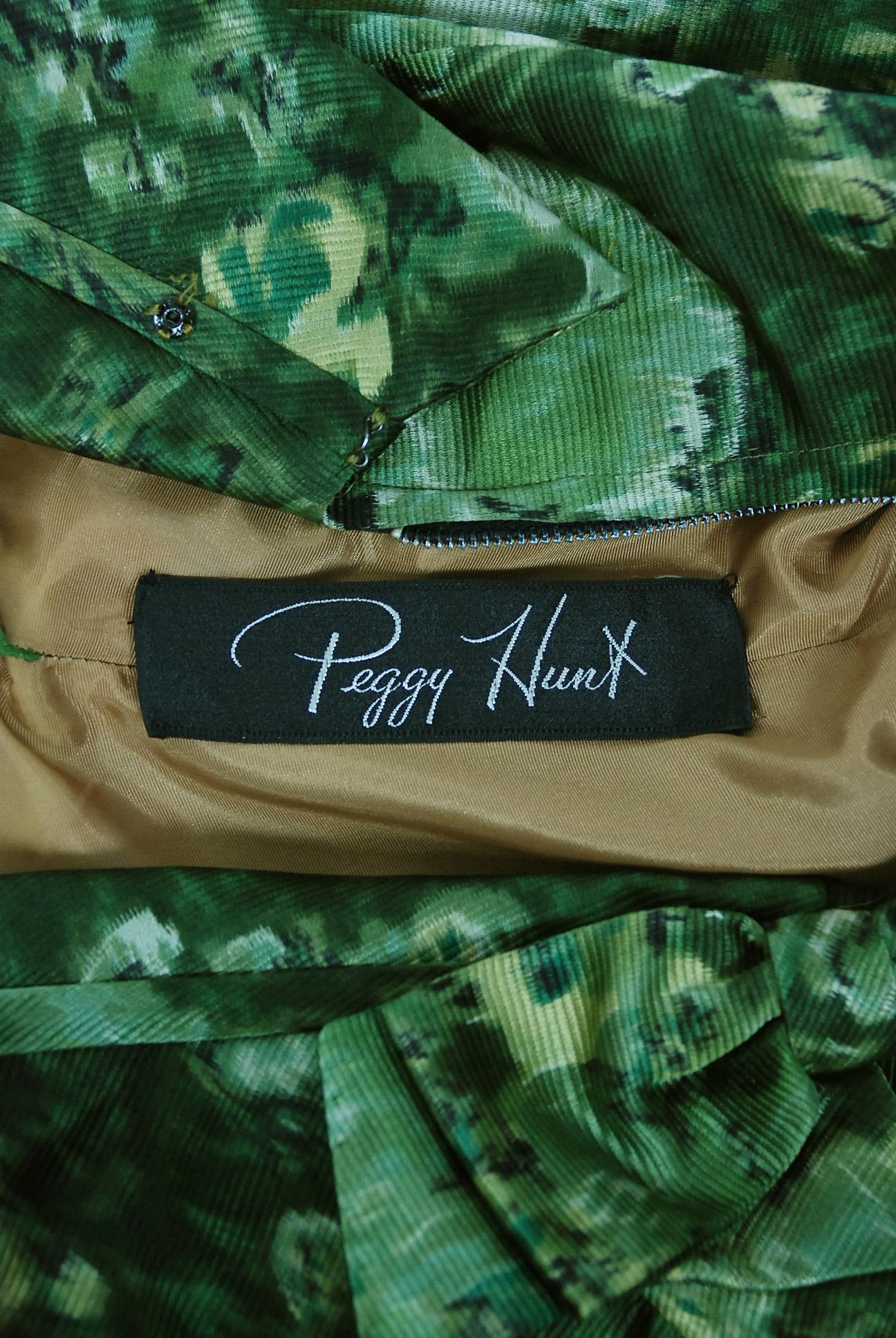 Vintage 1950's Peggy Hunt Green Floral Silk Portrait-Collar Pleated Full Dress  For Sale 1