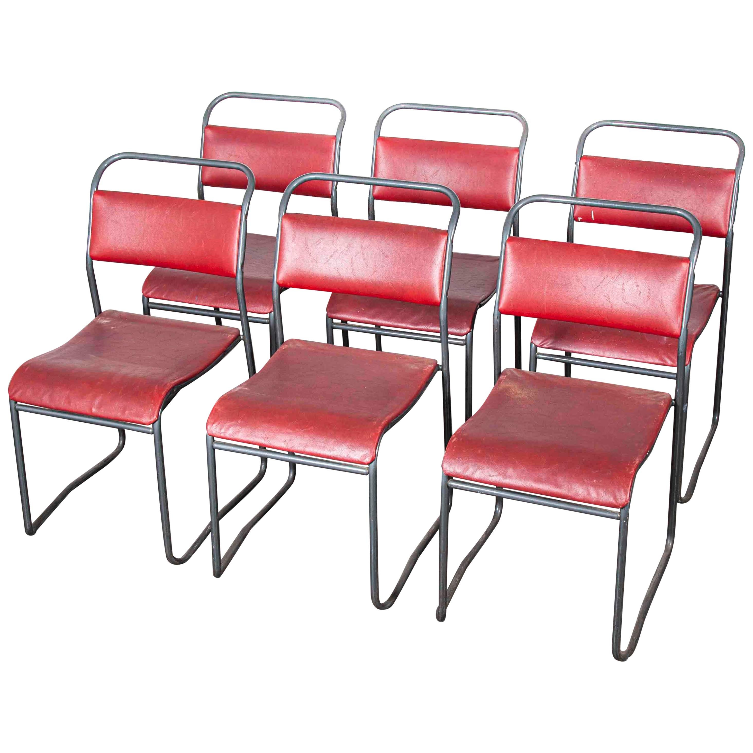 1950s PEL Tubular Metal Upholstered Stacking Dining Chairs, Set of Six