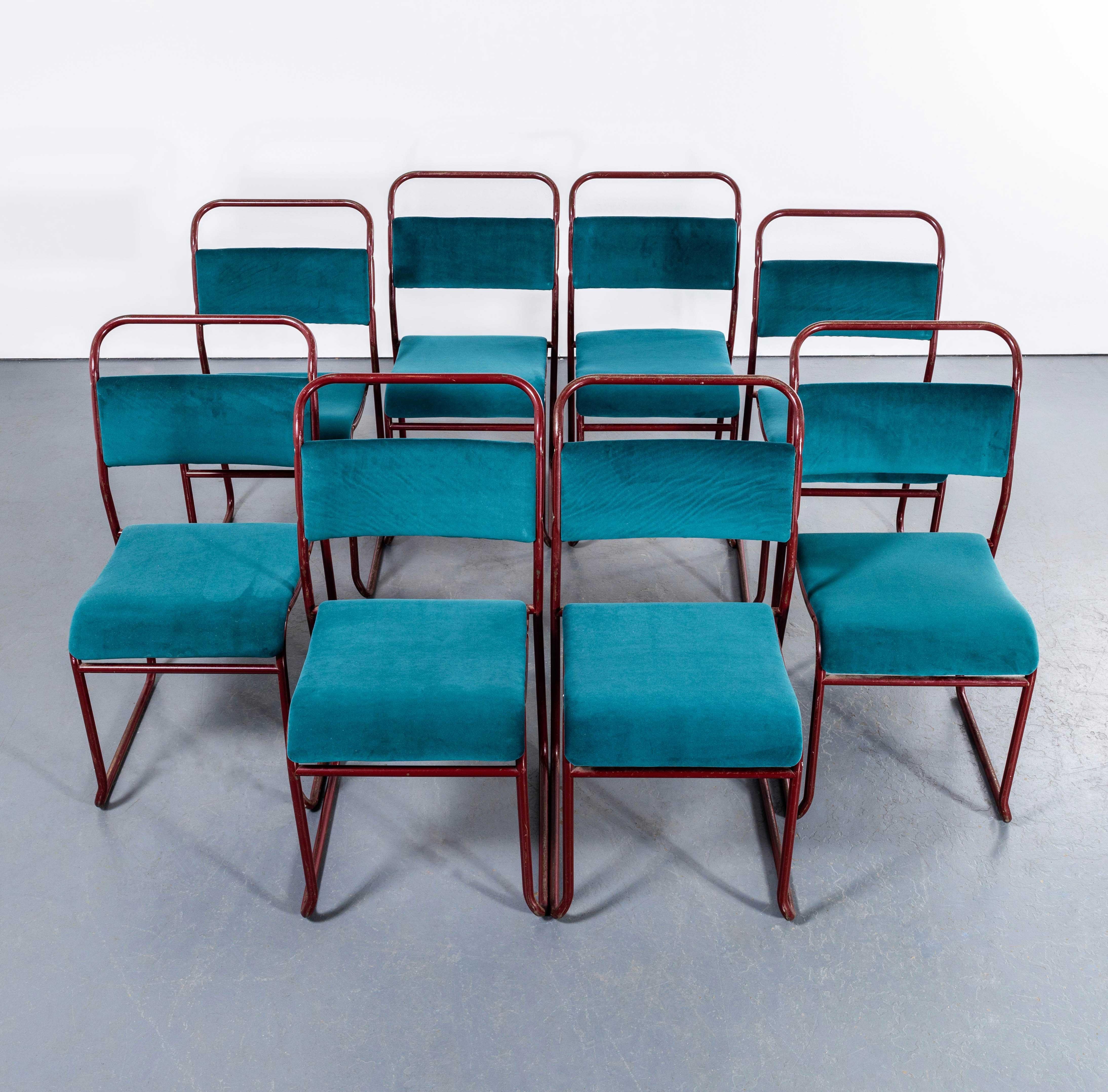1950's PEL Tubular Stacking Upholstered Chair - Red Frame - Set Of Eight. 

PEL chairs are a British essential. PEL are best known for the simpler tubular frame ply seat chairs and occasionally we have seen this design of heavy weight upholstered