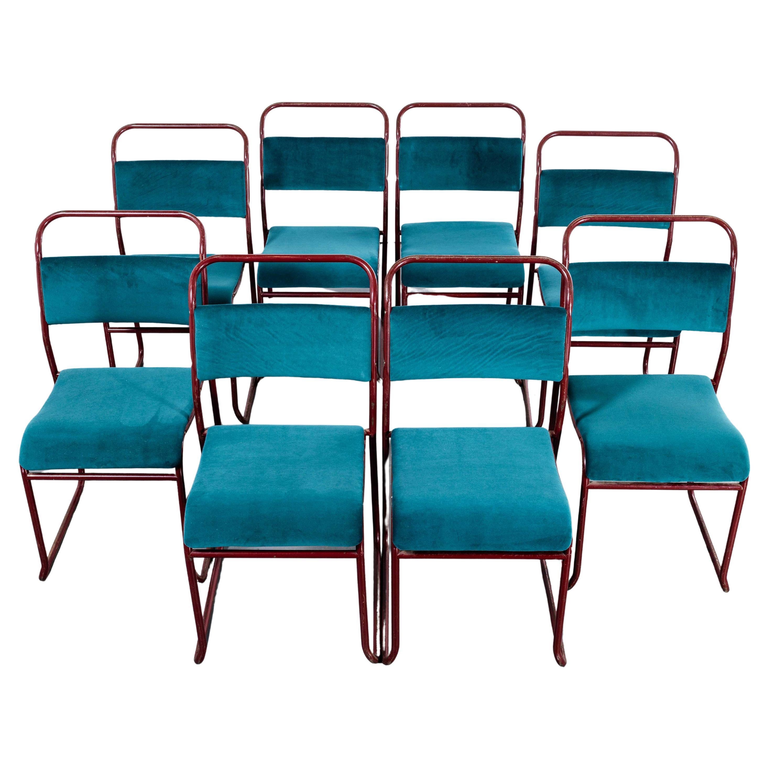 1950's PEL Tubular Stacking Upholstered Chair - Red Frame - Set Of Eight