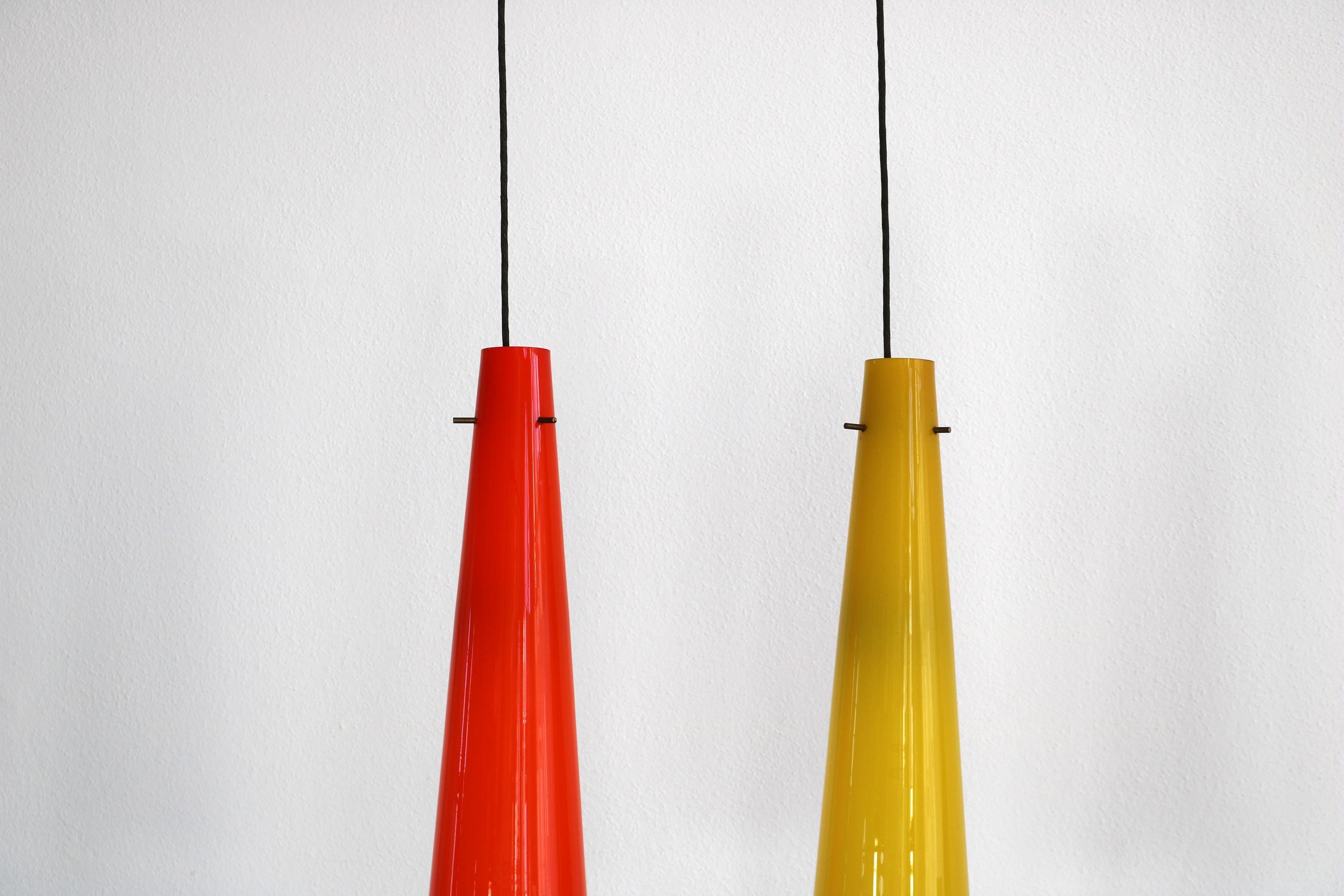 Italian 1950s Pendant Lamp with Orange and Yellow Mouth-Blown Glass Shades, Italy For Sale