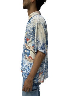 1950S PENNYS Blue Waves Rayon Sailboats Hawaiian Shirt
