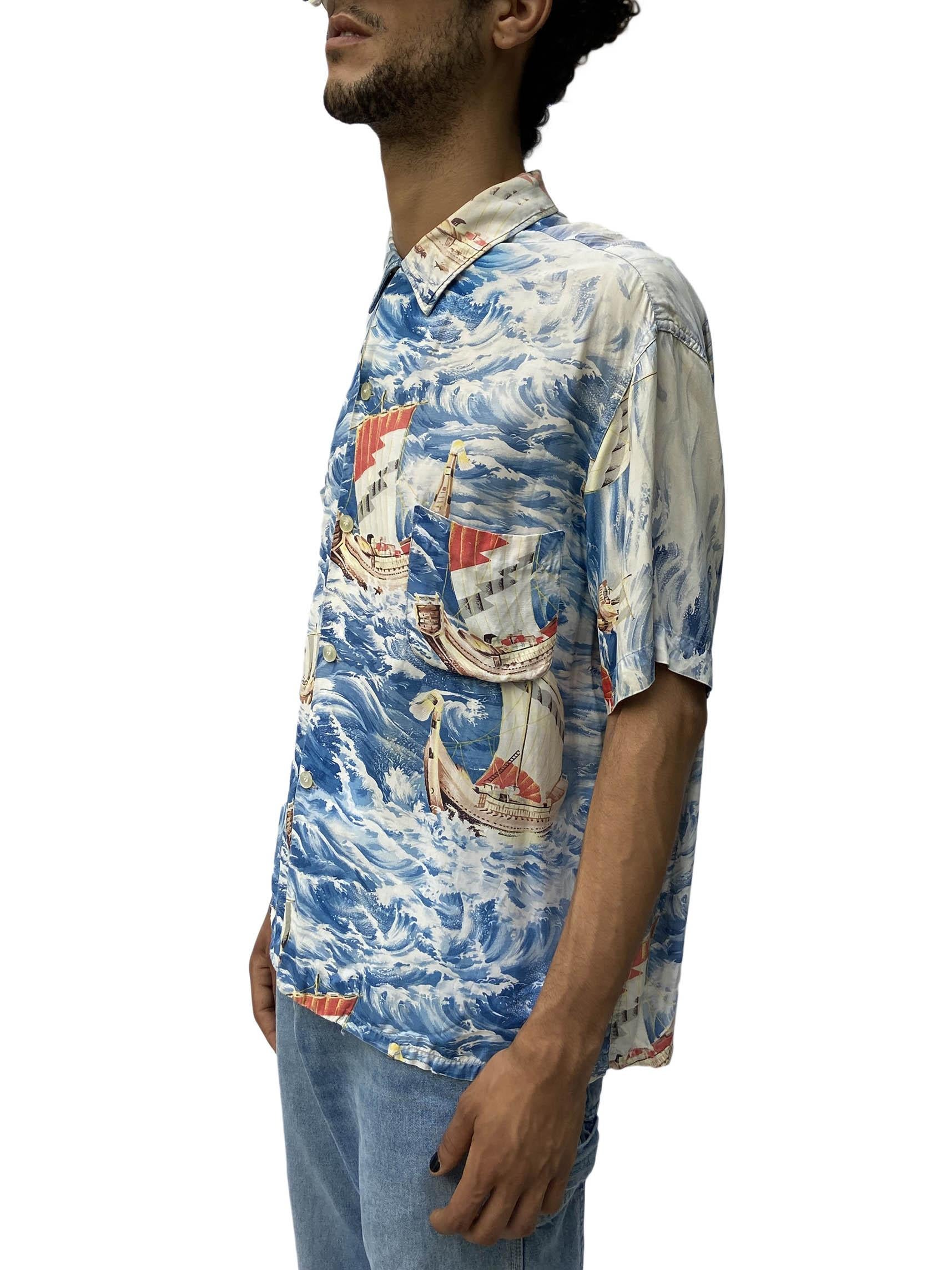 1950S PENNYS Blaue Wellen Rayon Segelboote Hawaii Hemd im Angebot 1