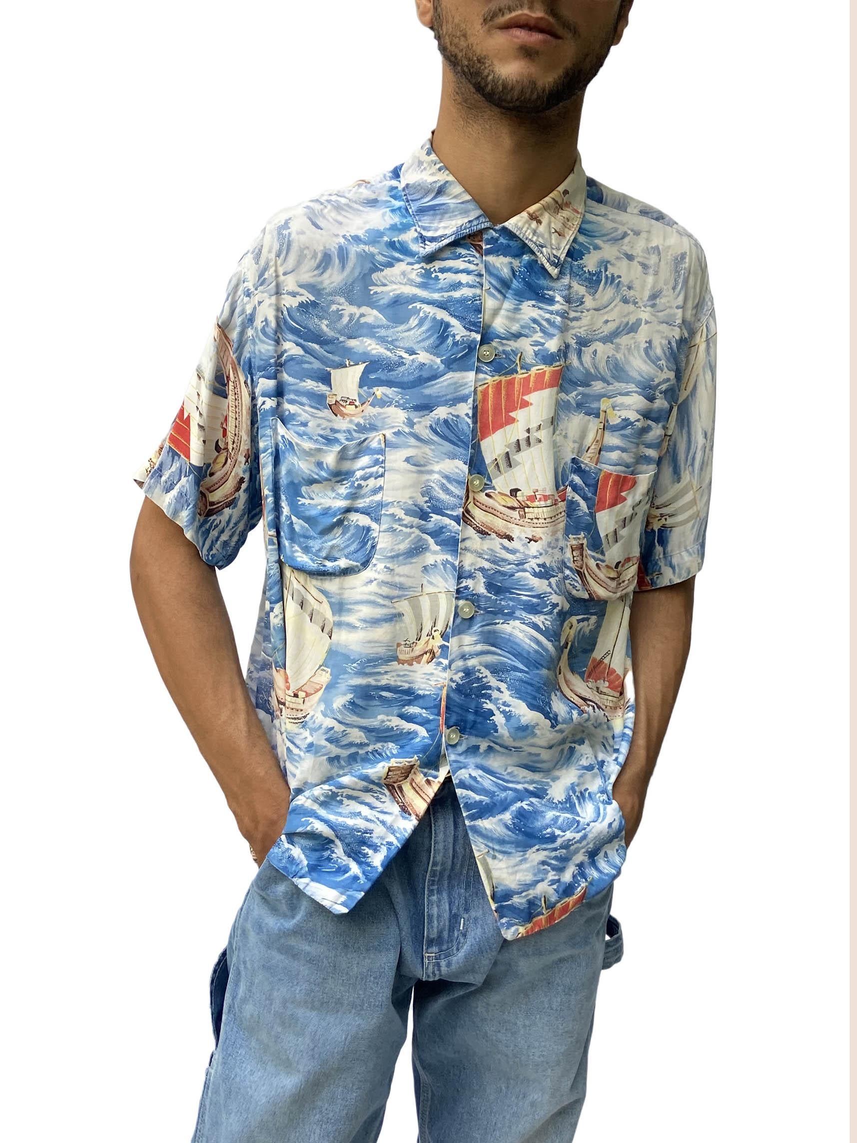 Gray 1950S Pennys Blue Waves Rayon Sailboats Hawaiian Shirt For Sale
