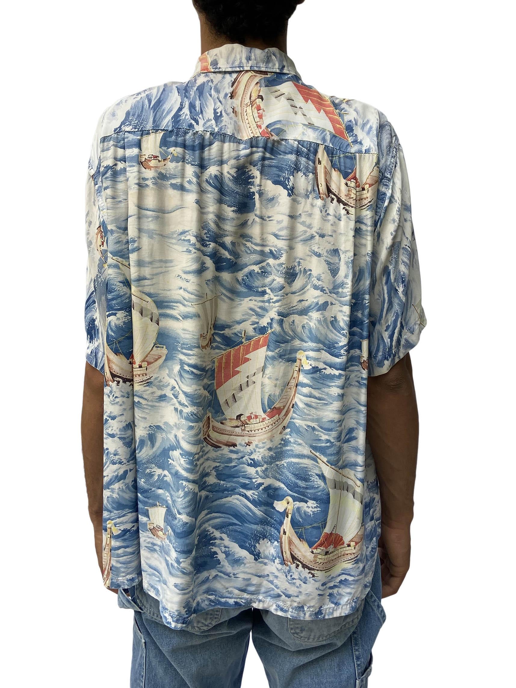 1950S Pennys Blue Waves Rayon Sailboats Hawaiian Shirt In Excellent Condition For Sale In New York, NY