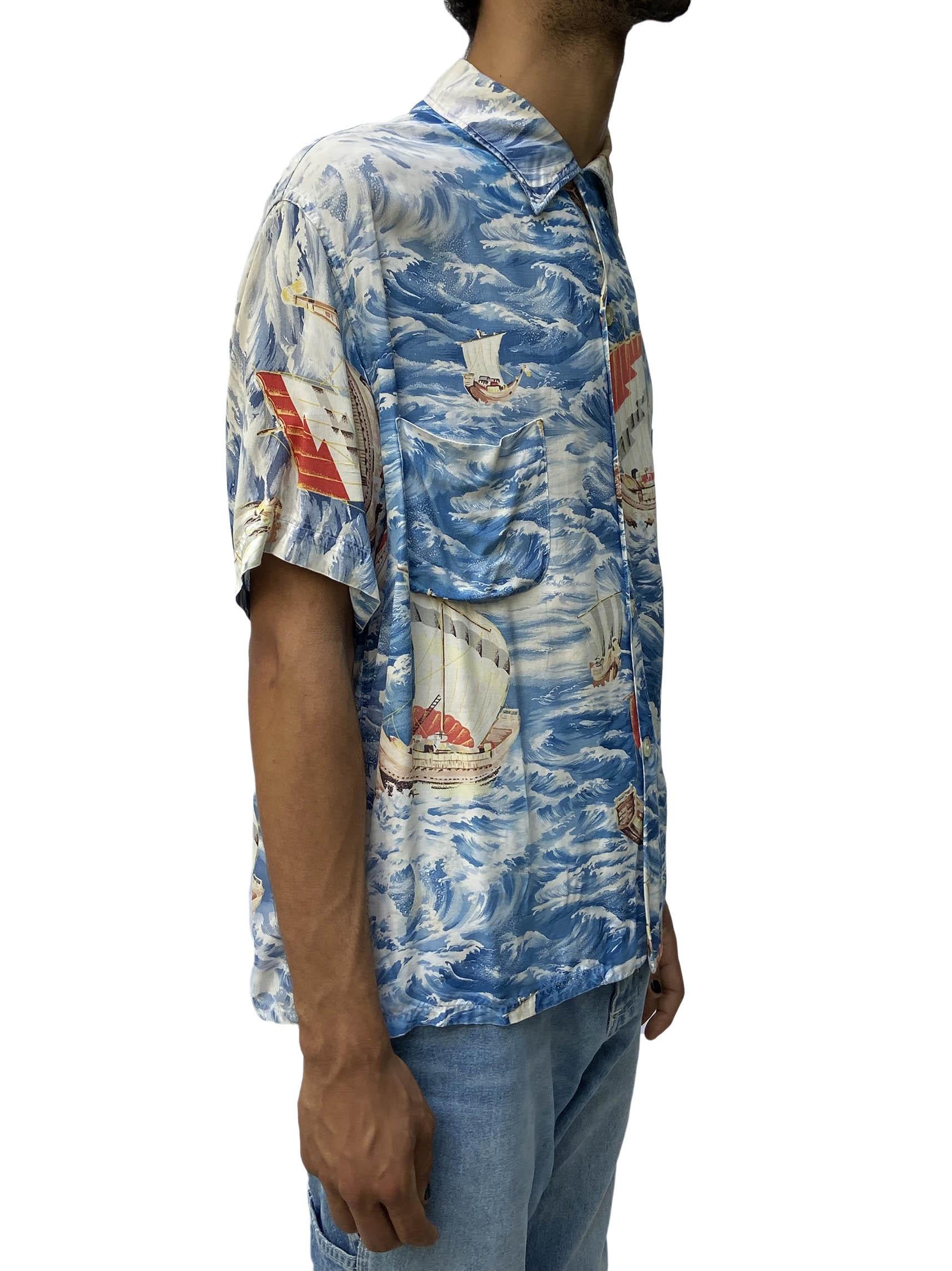 Men's 1950S Pennys Blue Waves Rayon Sailboats Hawaiian Shirt For Sale