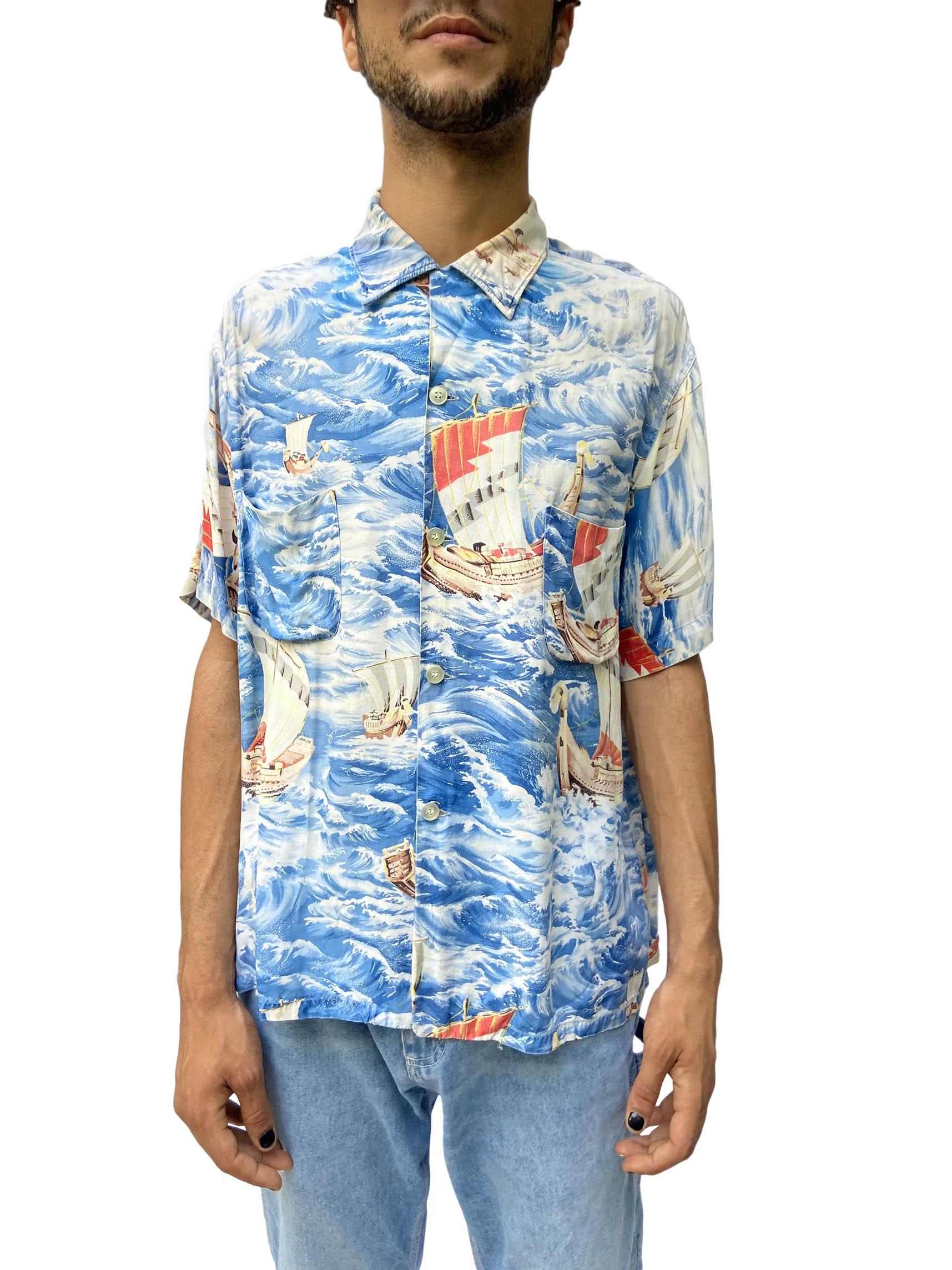 1950S Pennys Blue Waves Rayon Sailboats Hawaiian Shirt For Sale 1