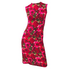 1950s Peonies Flower Print Hot Pink + Red Vintage 50s Wool Sheath Wiggle Dress