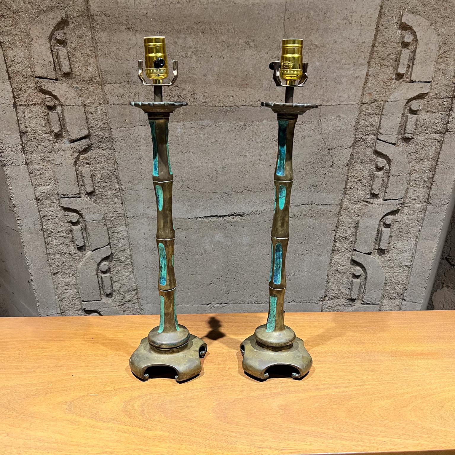 Mid-20th Century 1950s Pepe Mendoza Bronze Table Lamps Faux Bamboo Mexico For Sale