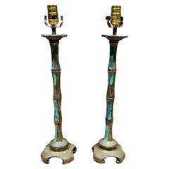 1950s Pepe Mendoza Bronze Table Lamps Faux Bamboo Mexico