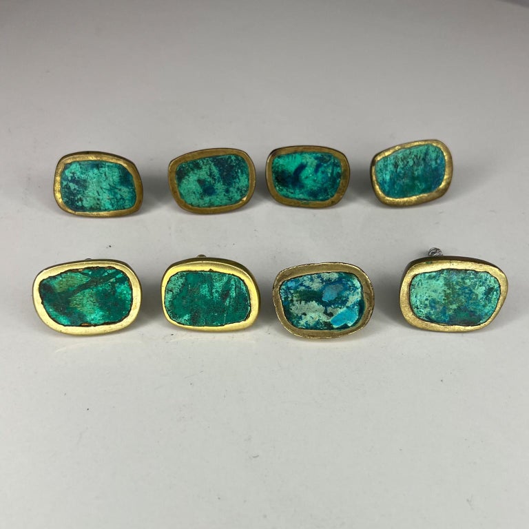 1950s Exquisite set of 8 pulls knobs by famed artist designer Pepe Mendoza Mexico. 
Bronze Brass Inlay Malachite Stone
Preowned Original vintage condition. Two retain the original label. 
Different patinas Different screws on back.
Measures: