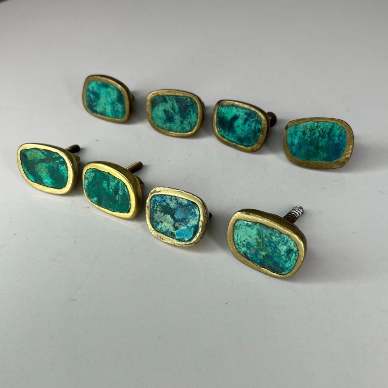 Mid-Century Modern 1950s Pepe Mendoza Rare Set of Eight Pulls Knobs Malachite and Brass Mexico For Sale