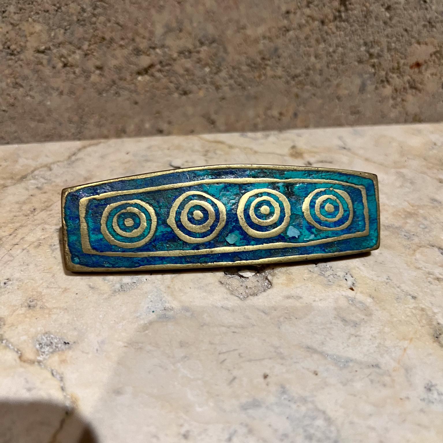 1950s Pepe Mendoza Rectangular Mayan Pull Malachite Brass Mexico 1
