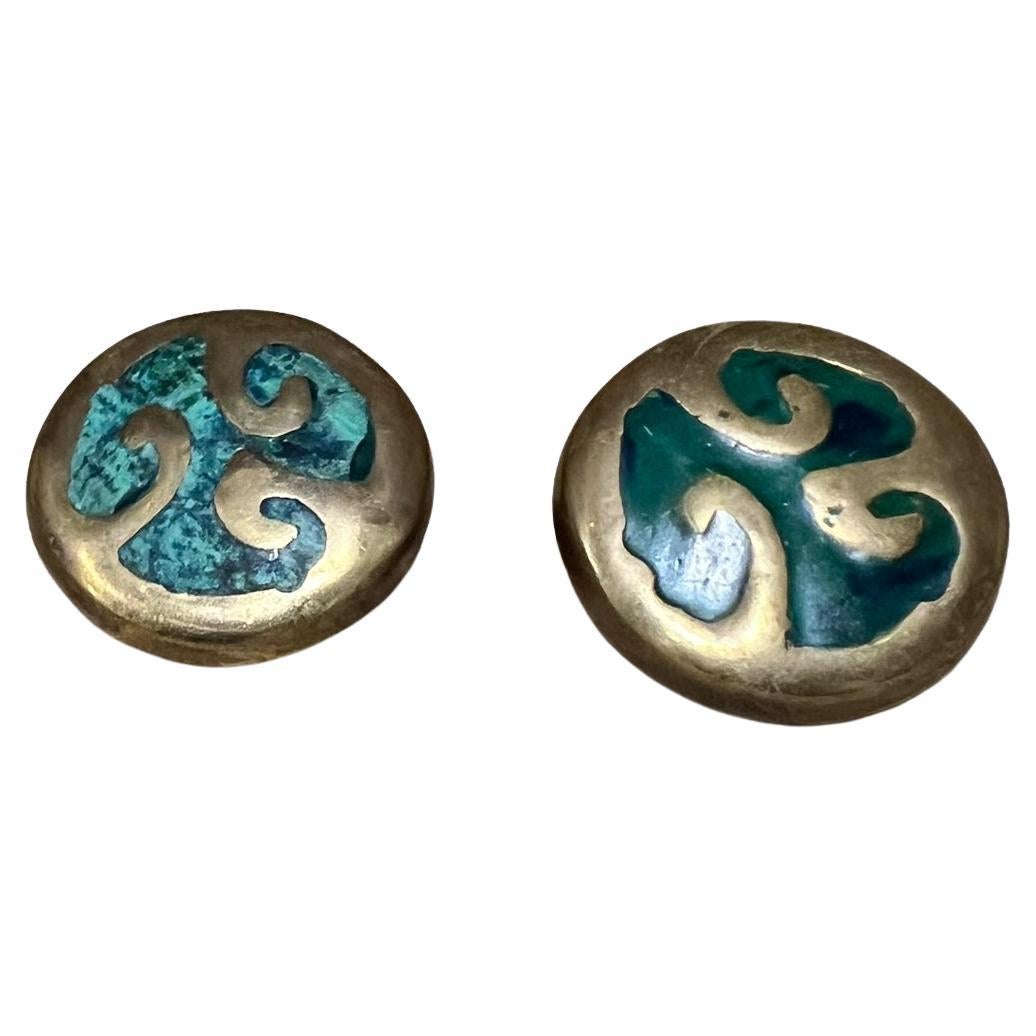 1950s Pepe Mendoza Set Two Round Pull Knobs Mayan  Malachite Revival Mexique en vente
