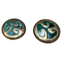 1950s Pepe Mendoza Set Two Round Pull Knobs Mayan  Malachite Revival Mexique