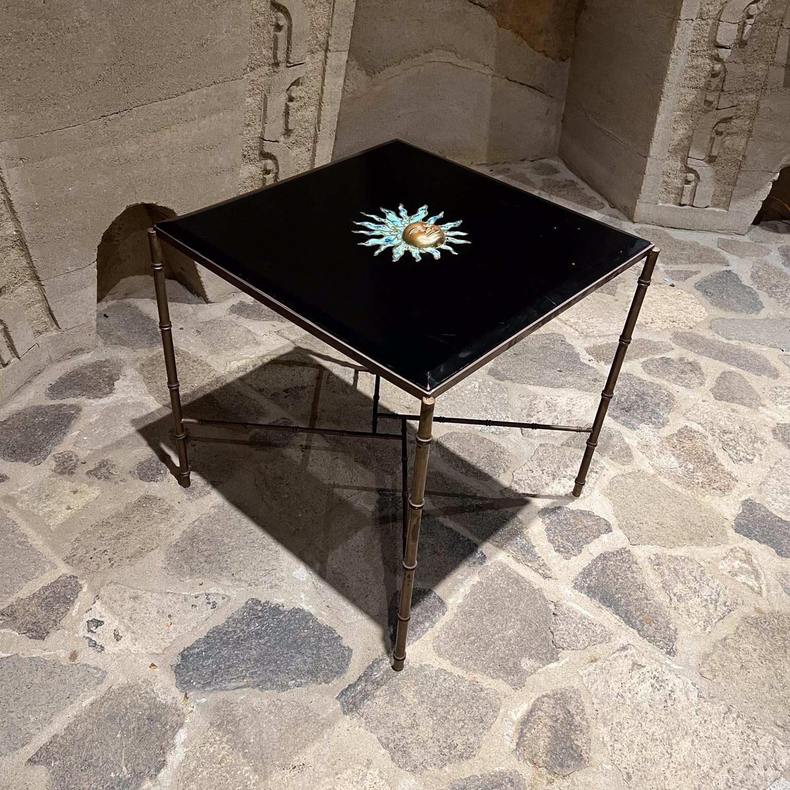 1950s Pepe Mendoza Square Brass Table Malachite Sun Sculpture Mexico City For Sale 7