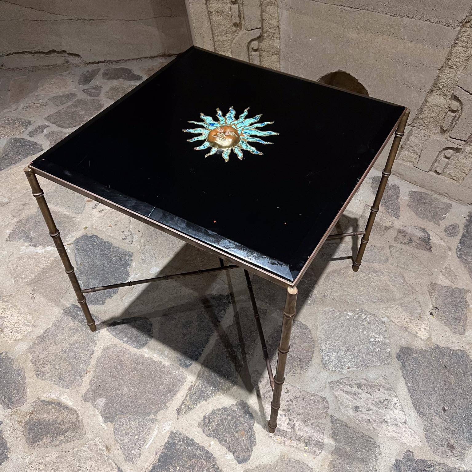 1950s Pepe Mendoza Square Brass Table Malachite Sun Sculpture Mexico City For Sale 2
