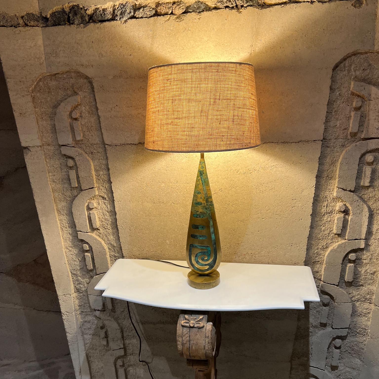 1950s Pepe Mendoza Table Lamp Bronze and Malachite Mayan Revival Mexico In Good Condition For Sale In Chula Vista, CA