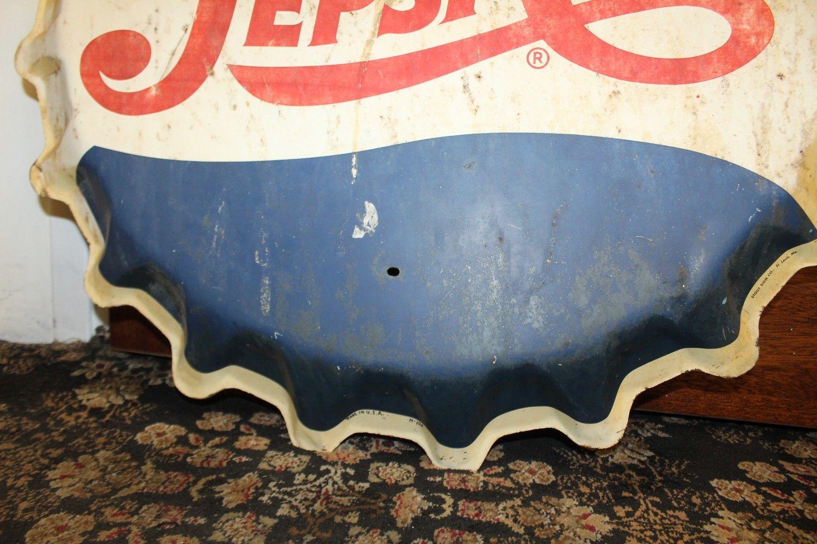 American 1950s Pepsi-Cola Soda Button Bottle Cap Advertising Metal Sign