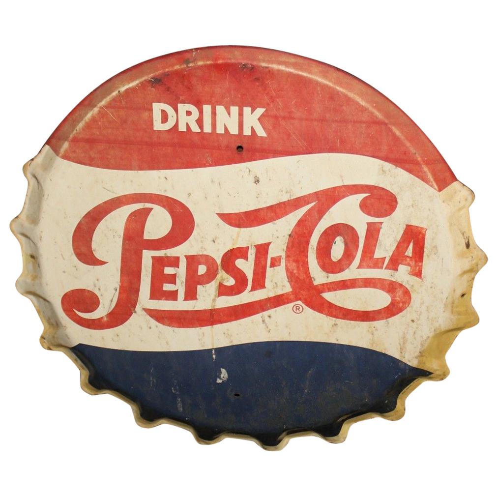 1950s Pepsi-Cola Soda Button Bottle Cap Advertising Metal Sign