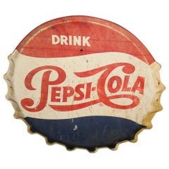 Vintage 1950s Pepsi-Cola Soda Button Bottle Cap Advertising Metal Sign