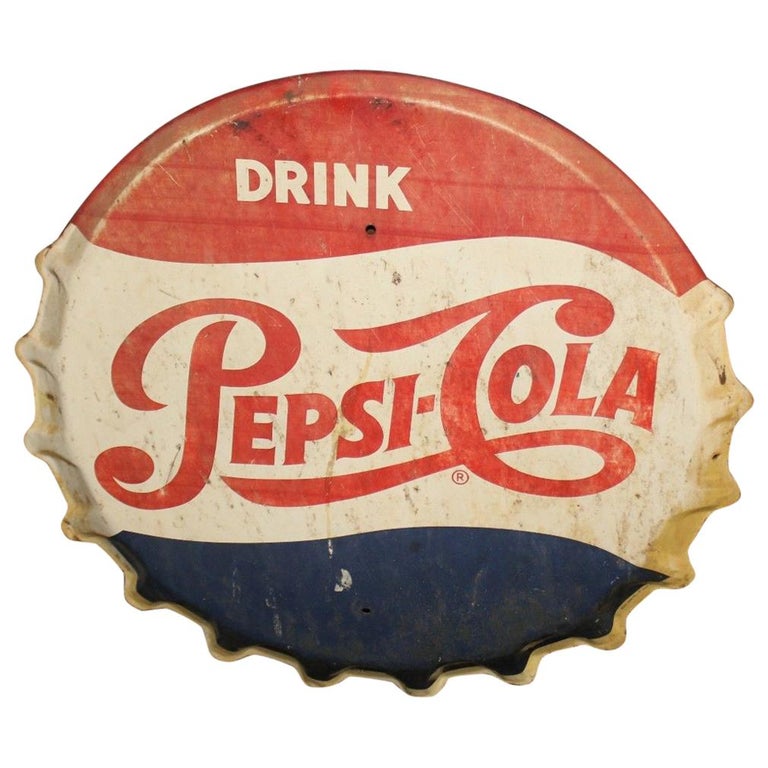1950s PepsiCola Soda Button Bottle Cap Advertising Metal Sign at 1stDibs