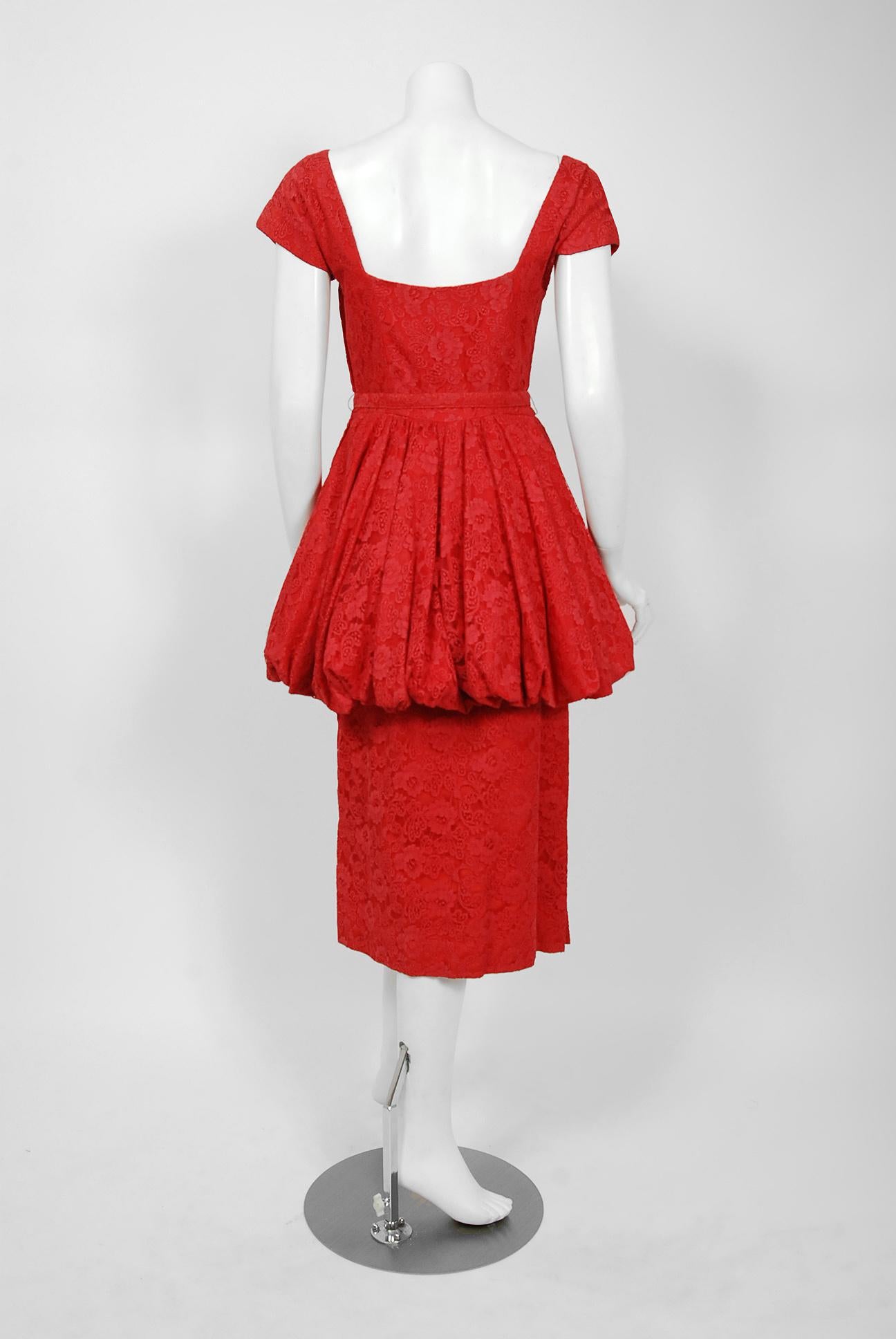 Vintage 1950's Perdieu Cherry-Red Lace Sweetheart Belted Peplum Cocktail Dress  In Good Condition In Beverly Hills, CA