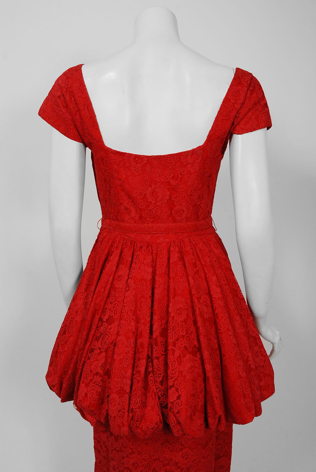 Women's Vintage 1950's Perdieu Cherry-Red Lace Sweetheart Belted Peplum Cocktail Dress 