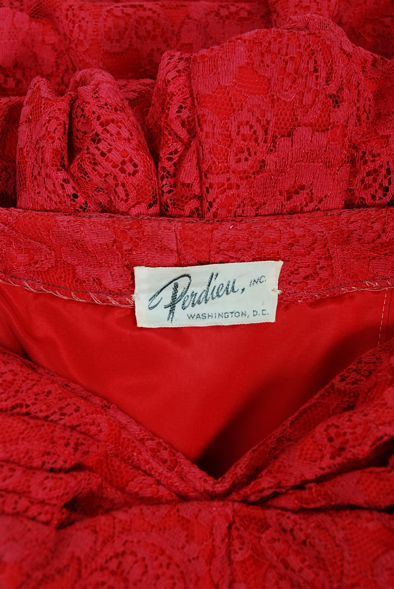 Vintage 1950's Perdieu Cherry-Red Lace Sweetheart Belted Peplum Cocktail Dress  1